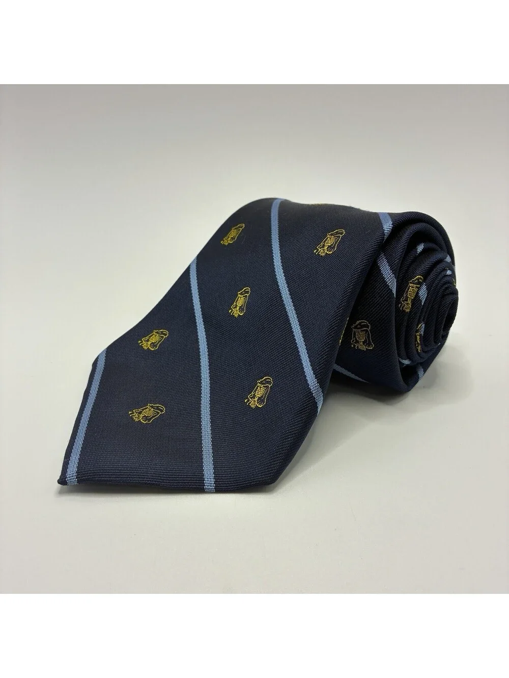 Vintage WM Chelsea LTD Embroidered Blue Club Striped Neck Tie Gold USA Silk VTG